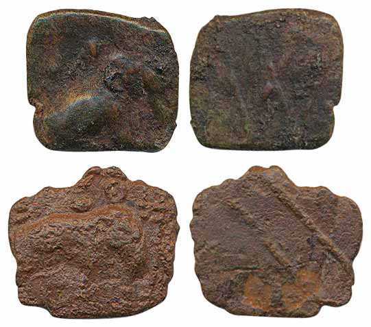 Pandyas, Copper(2), 5.09g & 3.84g, Obv: elephant to right, Rev: fish. About very fine for 