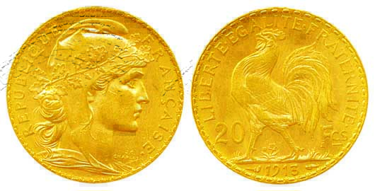 France, Gold 20 Francs, 6.45g, 1913, Obv: Oak leaf wreath encircles liberty head right, Re