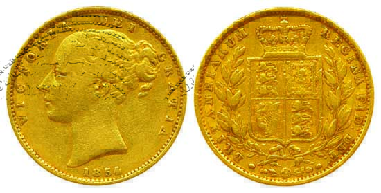 Great Britain, Victoria Queen, Gold Guinea or Sovereign, 7.90g, 1854, Rev: shield. Very fi