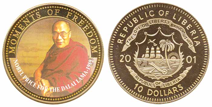 Republic of Liberia, Cupro Nickle 10 Dollars Proof, 2001, Dalai Lama. In original box and 