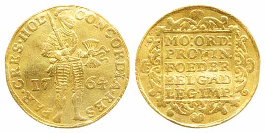 Netherlands, Holland, Gold Ducat, 3.46g, 1764, Obv: standing knight dividing date, Rev: le