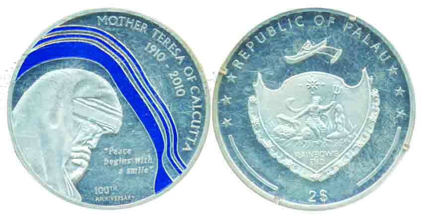 Republic of Palau, Silver2 Dollar Proof, Mother Teresa. Scarce.