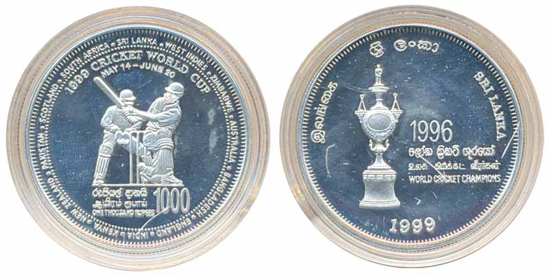 Srilanka, Silver 1000 Rupees Proof, 1999, ‘Cricket Champions 1996’, Obv: Trophy, Rev: Two 