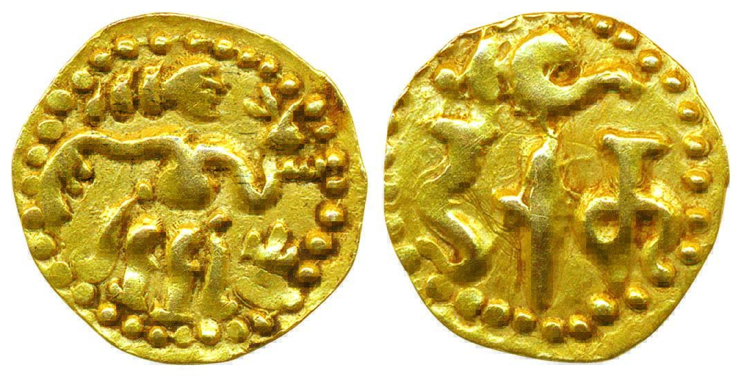 Ceylon, Chola Gold Fanam, 0.50g, obv. king standing, rev. Nagari legend Darak (De Silva 39