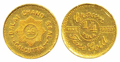 Gold ¼ Tola, 2.94g, Balai Chand Seal, Calcutta, 9950 Fine, crown within a star. Uncirculat
