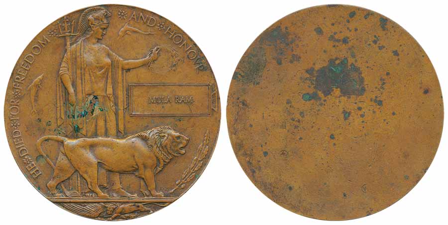 First World War Memorial Plaque, Bronze, Memorial Plaque of Mula Ram, Britannia bestowing 