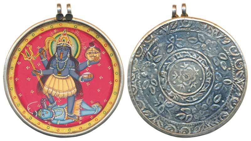 Miniature painting ,KALI , in round shape pendent , rare.