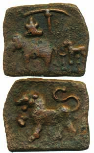 Chola, Copper Unit,1.07g, Obv: lion with upraised tail and paw to left, Rev: elephant,umbr