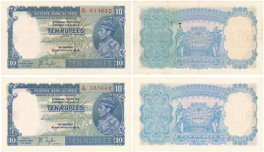 George VI, Rupees 10 (2), Type 5, 1st Issue, signed J. B. Taylor, prefix G/72 &amp; G/75 (