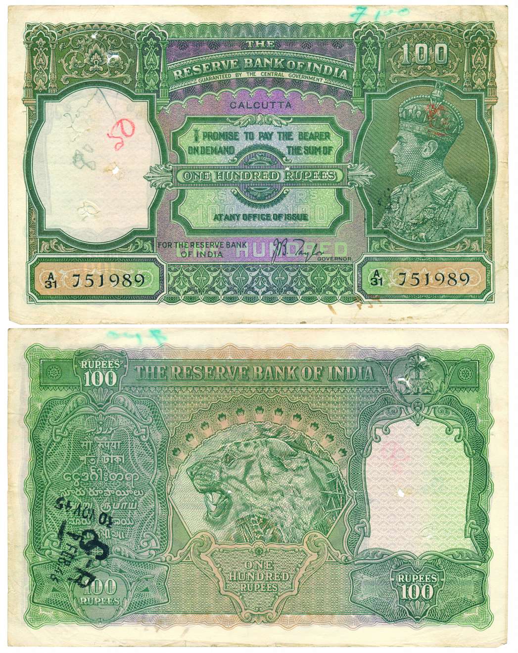 George VI, 100 Rupee, Type 7, Calcutta circle, signed J. B. Taylor, prefix A/31 (Jhun# 7.1