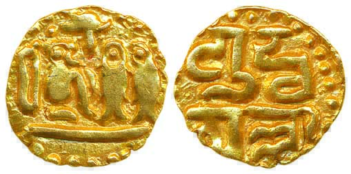 Imperial Cholas, Raja Raja I, Gold 1/8Kahavanu, 0.46g, Obv: two stylised vertical fish fla