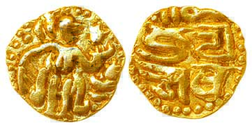 Imperial Cholas, Raja Raja I, Gold Fanam, 0.20g, Obv: king standing looking right, Rev: ‘J