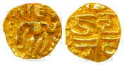 Imperial Cholas, Raja Raja I, Gold Fanam, 0.23g, Obv: king standing looking right, Rev: Na