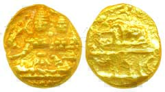 Vijayanagar, Hari Hara II, Gold ½ Varaha, 1.70g, Obv: Shiva-Parvati seated, Siva holding a