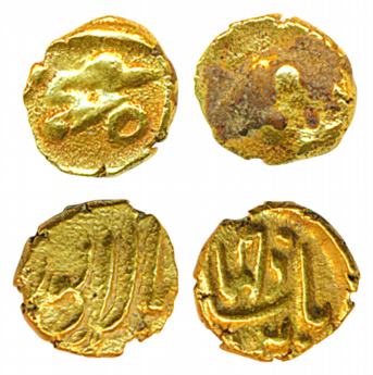 Muhammad Shah and Jahandar Shah Gold Fanam (2), Balapur Mint. Very fine to very fine+, sca