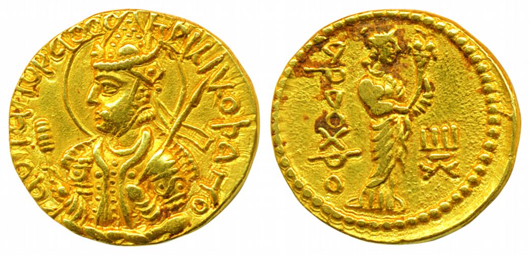 Kushanas, Huvishka, Gold Dinar, 7.99 g, king seated to right holding a royal mace in right