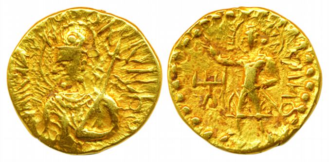 Kushanas, Huvishka, Gold Quater Dinar, 1.92g, Obv: half length bust of the king seated on 