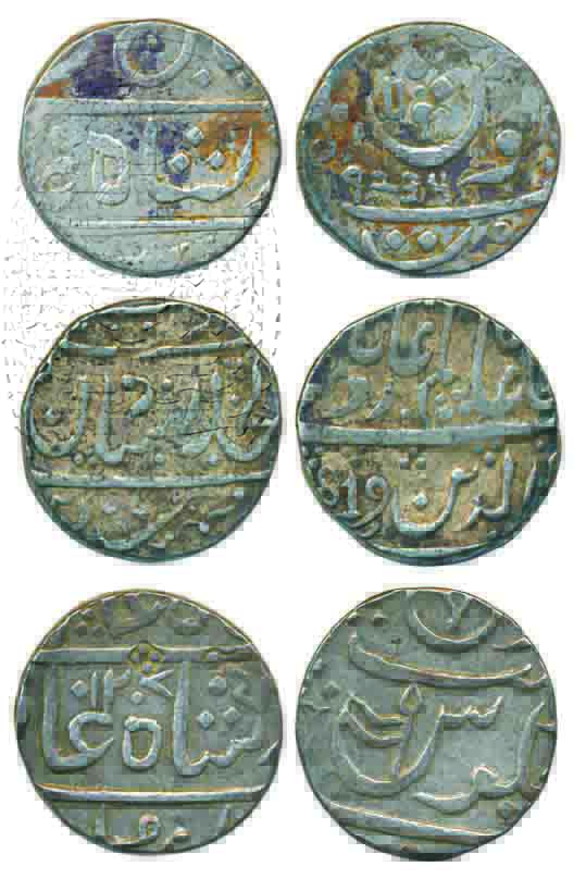 Silver Rupee (3), Poona Mint FE 1235 (KM# 347), Gulshanabad Nasik Mint AH 1207 (KM# 324) a