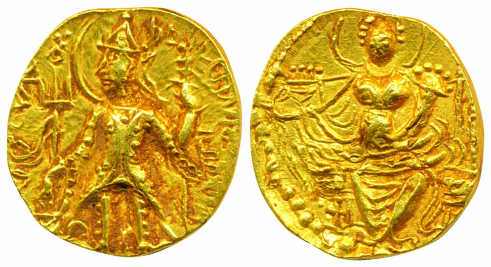Kushanas, Kanishak II, Gold Dinar, 7.87 g, Obv: usual style of the king standing to left a