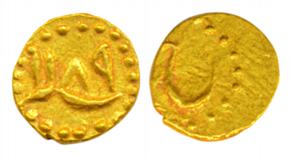 Haider Ali, Gold ½ Fanam, 0.18 g, Persian initial He for Haider on obv, sanah 1189 on rev.