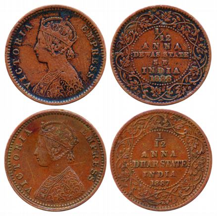 Dhar &amp; Dewas, Copper 1/12 Anna (2), 1887 &amp; 1888, Obv: portrait of Victoria Empress