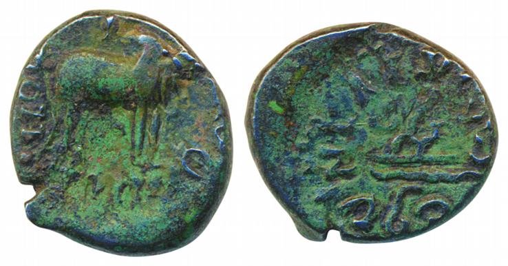 Western Kshatrapas, Rudrasimha I as Mahakshtrapa, Potin Unit, 2.08g, Obv: Humped Bull stan