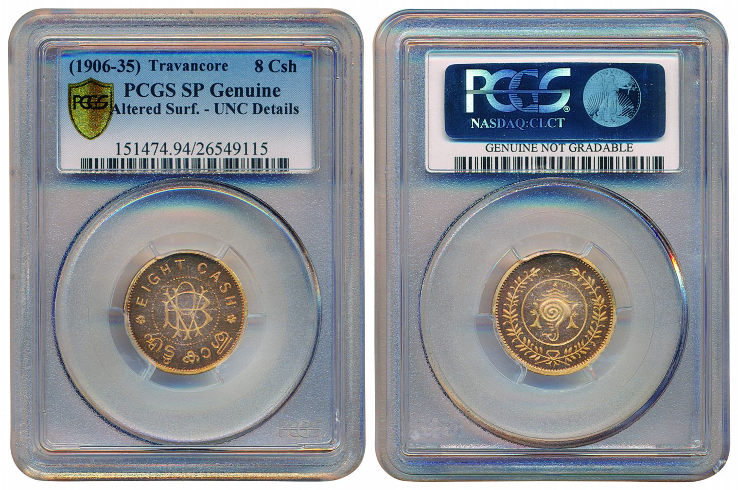 Rama Varma VI, Copper 8 Cash Proof, ND, Obv: RV monogram (KM# 48). Graded by PCGS. Rare.