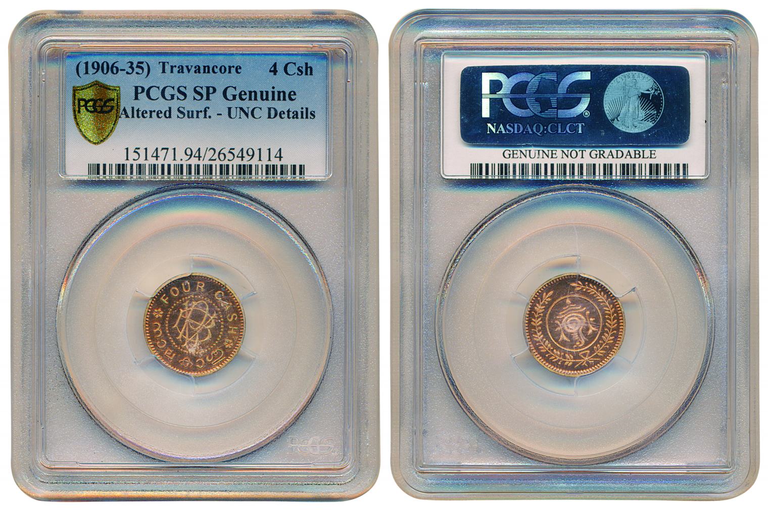 Rama Varma VI, Copper 4 Cash Proof, ND, Obv: RV monogram (KM# 47). Graded by PCGS. Rare.