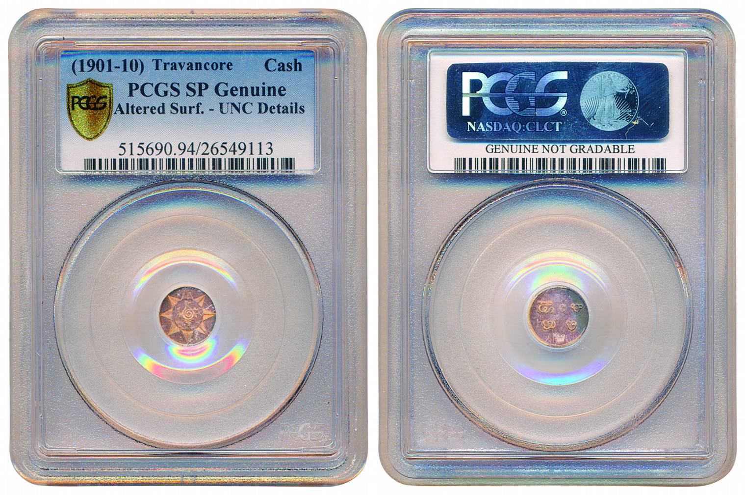 Rama Varma VI, Copper Cash Proof, ND, Obv: Sankha in 8 pointed star (KM# 46). Graded by PC