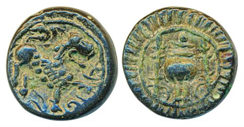 Vishnukundin, Copper, lion type, 7.15g, Obv: lion standing to right, Rev: stylized conch s