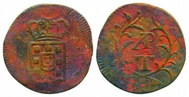 Goa, Miguel, Copper Tanga, 19.63g, ND, Obv: Crowned arms, Rev: Value in center divides AP 
