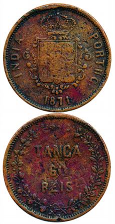Luiz I, Copper Tanga- 60 Reis, AD1871, Obv: Crowned Arms Rev. Value within wreath, dotted 