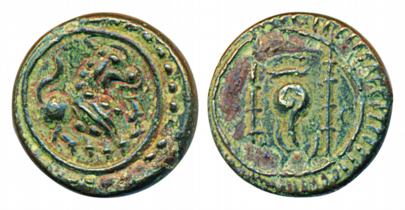 Vishnukundin, Copper, lion type, 2.75g, Obv: lion standing to right, Rev: stylized conch s