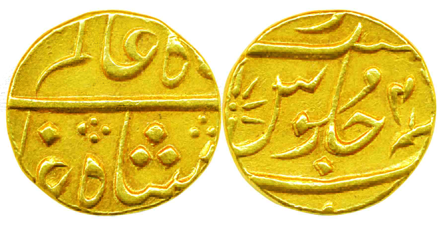 Gold, Mohur, 11.56g, Bombay Mint, in the name of Shah Alam II, RY 4X, privy mark crescent 