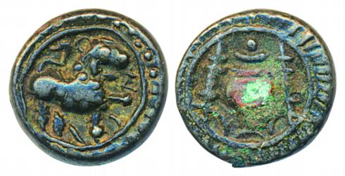 Vishnukundin, Copper, lion type, 7.15g, Obv: lion standing to right, Rev: stylized conch s