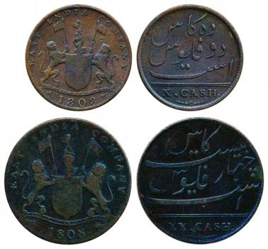 Copper (2), Heavy issue Soho Mint series, 10 Cash (2 Falus) and 20 Kas (4 Falus), 1808 A.D