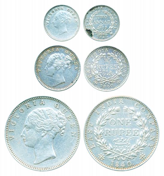 Victoria Queen, Silver (3) Rupee, ¼ Rupee of 1840 & 2 Annas of 1841. Very fine, scarce.