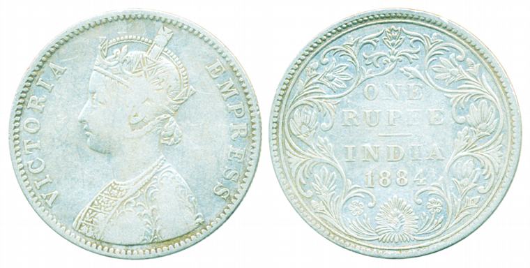 Victoria Empress, Silver Rupee, 1884, Bombay Mint, A3/II, B raised, lotus flower. Very fin