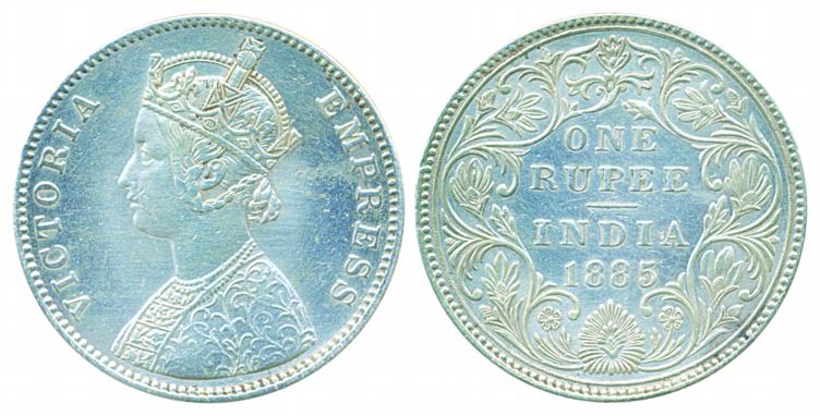 Victoria Empress, Silver Rupee, 1885, B raised. About uncirculated, scarce.