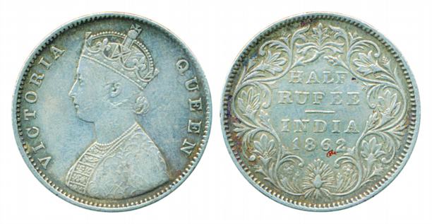 Victoria Queen, Silver ½ Rupee, 1862. Very fine+, scarce.