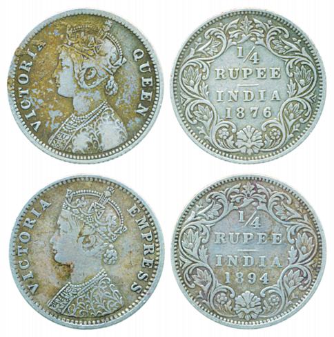 Victoria Queen and Victoria Empress, Silver ¼ Rupee (2), 1876 and 1894. Fine+, scarce. 2 c