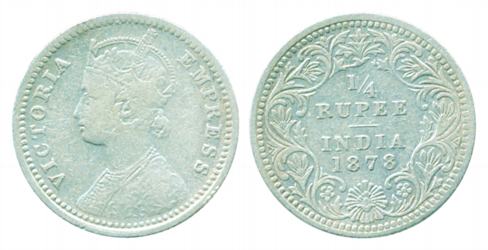 Victoria Empress, Silver ¼ Rupee, 1878. Very fine, rare.