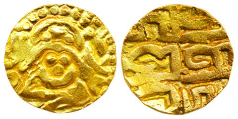 Kalachuris of Tripuri, Gangeyadeva, Base Gold 4 ½ Masha, 3.76g, Obv. seated goddess Lakshm