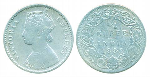 Victoria Empress, Silver ¼ Rupee, 1882, Bombay Mint, B/I, dot. Fine+, rare.