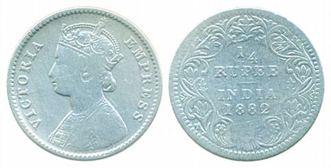 Victoria Empress, Silver ¼ Rupee, 1882, Bombay Mint, B/II, dot. Fine, rare.
