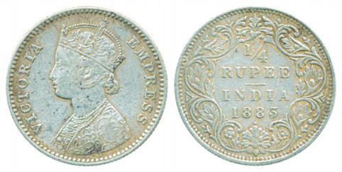 Victoria Empress, Silver ¼ Rupee, 1883, Bombay Mint, B/I, dot. Very fine, rare.