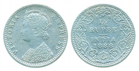 Victoria Empress, Silver ¼ Rupee, 1888, Bombay Mint, C/II, B incused. About extremely fine