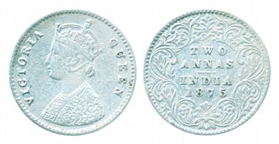 Victoria Queen, Silver 2 Annas, 1875, Calcutta Mint. Very fine, scarce.