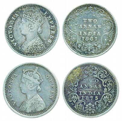 Victoria Queen and Victoria Empress, Silver 2 Annas (2), 1875 and 1887. Very fine. 2 coins