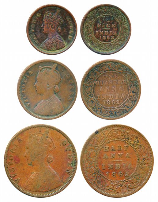 Victoria Queen, Copper (3), ½ Anna, ¼ Anna and ½ Pice of 1862. Fine to very fine, scarce.
